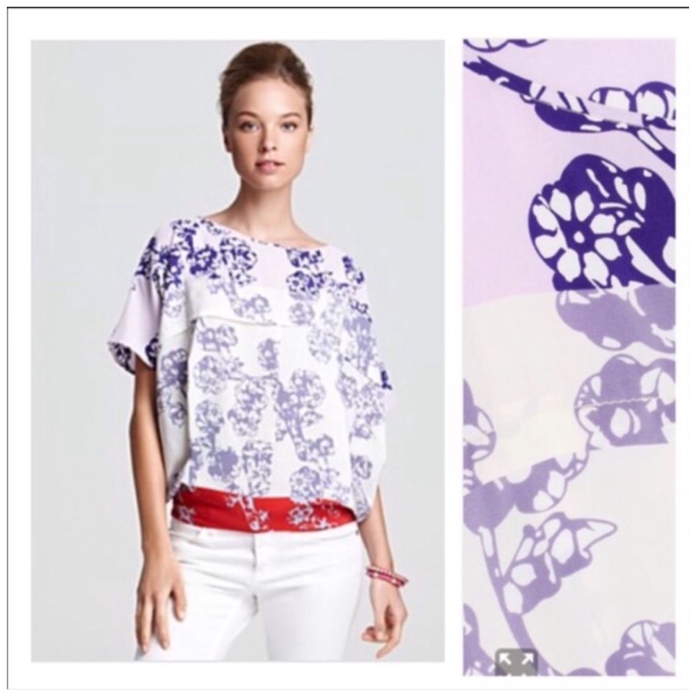 Diane Von Furstenberg Floral Print Boxy Blouse in White, Lavender & Red